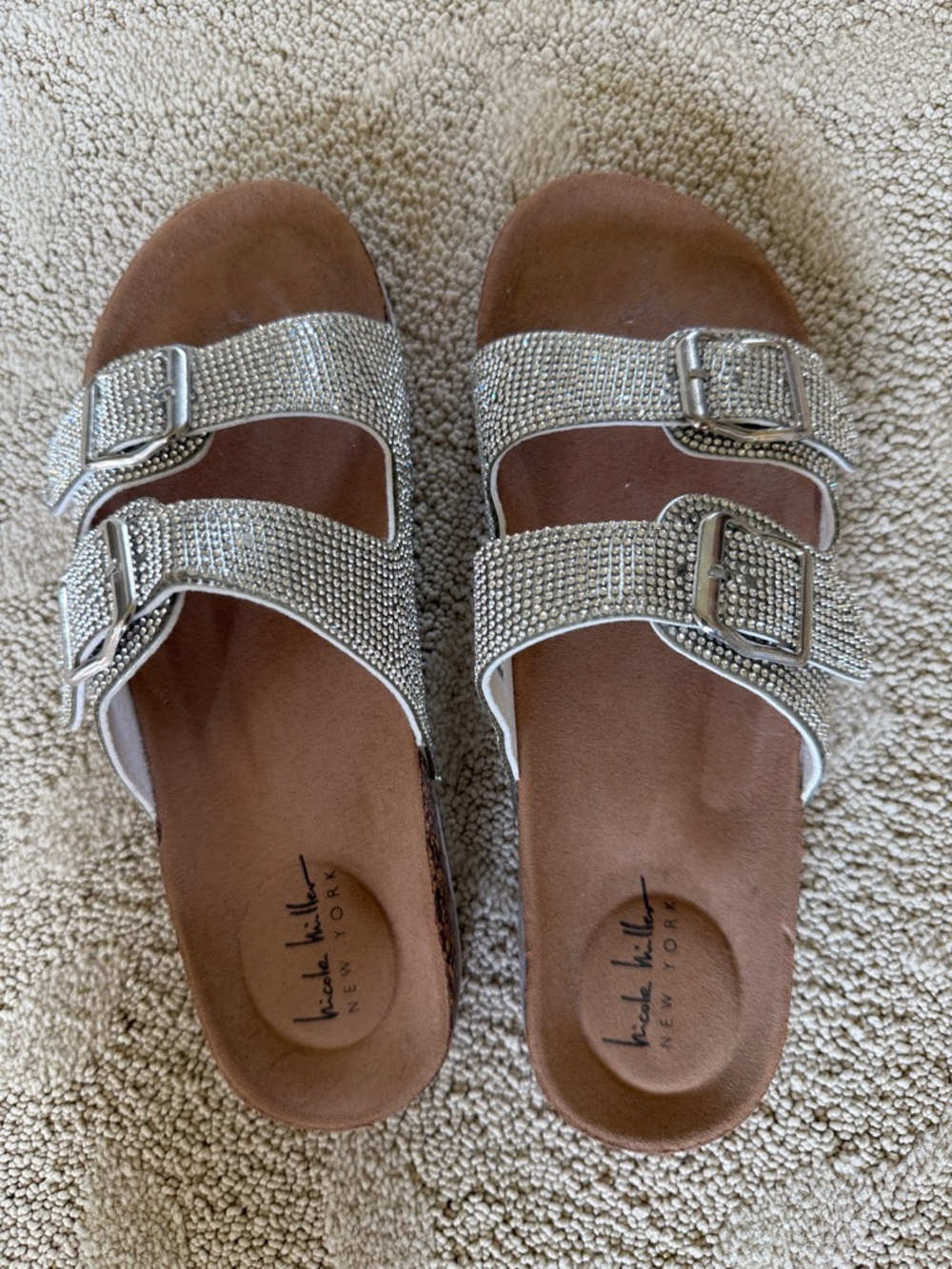 Kensie New York Silver Embellished Double-Buckle Slide Sandals